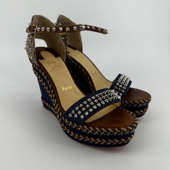 Louboutin Denim Wedge with Spike Accents - Size 39 - Picture 2 of 7